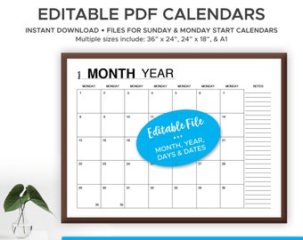 Printable Editable Wall Calendar, Large Calendar with Notes Section and Editable dates for Command Center, Homeschool, or Family Schedule