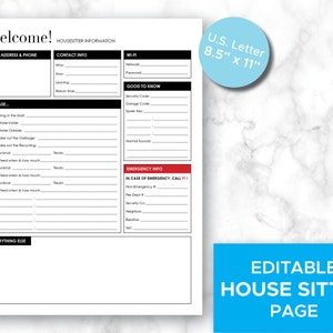 House Sitting Page, Printable, Editable, Housesitting for Modern Design Home Management Binders, or Home Organizing Systems