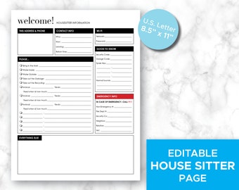 House Sitter Information Sheet, Editable Printable (PDF)