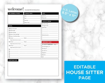 House Sitting Page, Printable, Editable, Housesitting for Modern Design Home Management Binders, or Home Organizing Systems