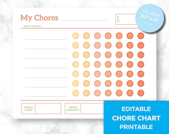 Printable, Editable, Chore Chart in Coral, Fun printable and Editable chart for daily & weekly chores with Reward chart