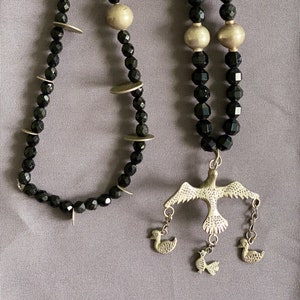 Antique Bird Milagro Charm, 19th Century Mexican Guatemalan Coins, Vintage Trade Bead Chachal Necklace from Guatemala
