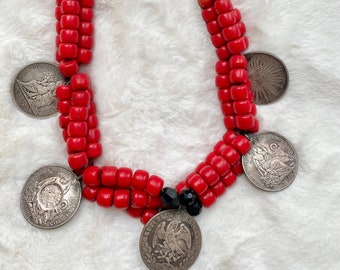 Antique Guatemalan Mexican Coins Vintage Coral Trade Bead Chachal Necklace from Guatemala