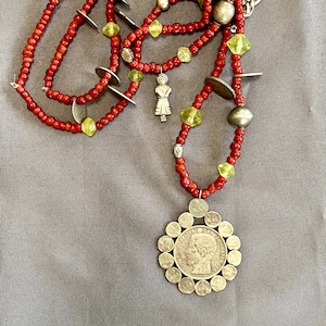 Antique Silver Guatemalan Coins Venetian White heart Trade Bead Chachal Milagro Necklaces from Guatemala