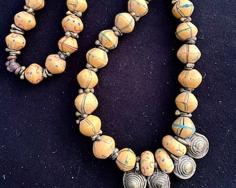 RARE!!! Antique Vintage Handcrafted Venetian Yellow King Bicone Wound Beads & Brass African Trade Bead Necklace