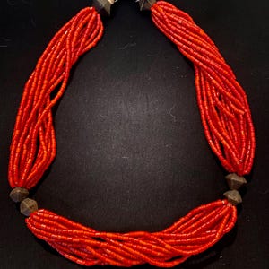Antique Multi Strand Venetian Red White Hearts with Brass African Trade Bead Necklace