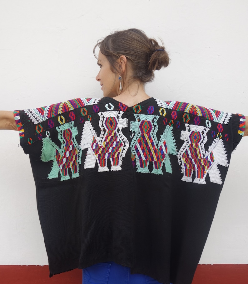 Beautiful Handwoven Ethnic Maya Women/'s Black Double Eagle Vintage Huipil Poncho from Chajul Guatemala