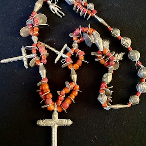 Antique Silver Cross, Guatemalan Coins, Milagros, White Heart Trade Bead Chachal Necklace from Guatemala