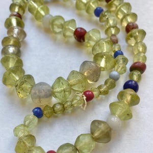 Long Strand of Antique Czech Bohemian Vaseline & Venetian White Heart Trade Beads 28”