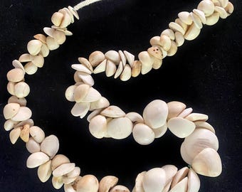 May include: A white shell necklace with a string of white beads. The necklace is made of natural materials and has a rustic look.