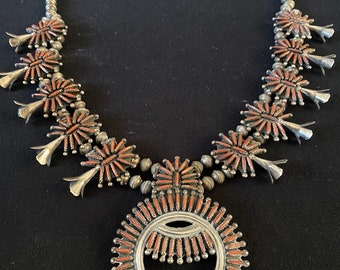 Antique Zuni Native American Needlepoint  Petit Point Silver Coral Squash Blossom Necklace 1920