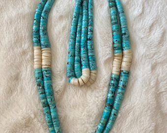 Vintage Santo Domingo Rolled Turquoise & Shell Heishi Bead Jacla Native American Necklace