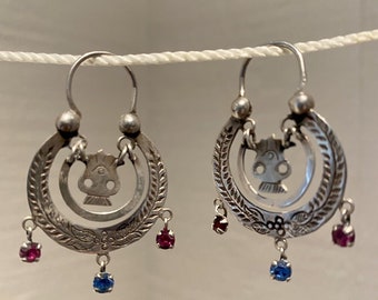 Antique Vintage Ethnic Mayan Guatemalan Silver Crescent Moon Harp Hoop Earrings