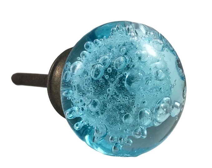 Aqua Blue Bubbles Glass Decorative Dresser Drawer, Cabinet or Door Knob Pull  OIL BRONZED
