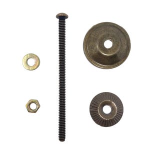 May include: An assortment of hardware components, including a long, threaded screw with a rounded head, two washers, a nut, and two decorative, circular pieces. The metal parts have a bronze finish, and the background is white.