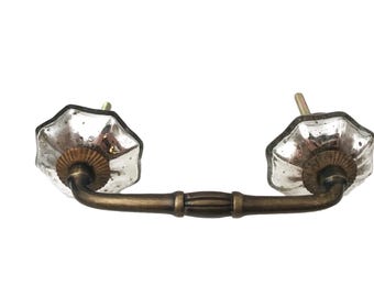 Mercury Glass Chrome Distressed Knobs on a Bronze Antique Handle, 4" Spread, Center to Center