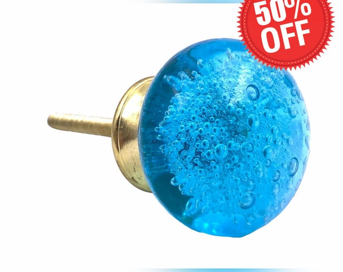 Dark Blue Bubbles Glass, Gold Metal Base, Decorative Dresser Drawer, Cabinet or Door Knob Pull