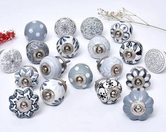 Assorted Floral Decorative Ceramic Round Cabinet Knobs, Drawer Knobs, Door Knobs - Pack of 12 (Gray)