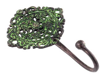Green Floral & Leaf Iron Wall Hooks | Vintage Coat, Hat Rack, Key Hook