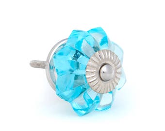 Turquoise Glass Kitchen Cabinet Pulls, Dresser Knobs with Polished Chrome Hardware - 12 Pack