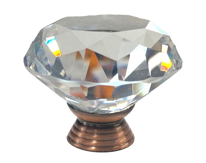 Clear Faceted Crystal Glass Diamond Cut 1.5", ANTIQUE COPPER BASE Drawer, Door, Cabinet or Dresser Knob Pull