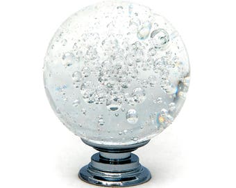 Clear Bubble Crystal Glass 1.5", 40mm Round Knob, Drawer Pull, Cabinet Pull, Dresser Knob, Brushed Nickel Base