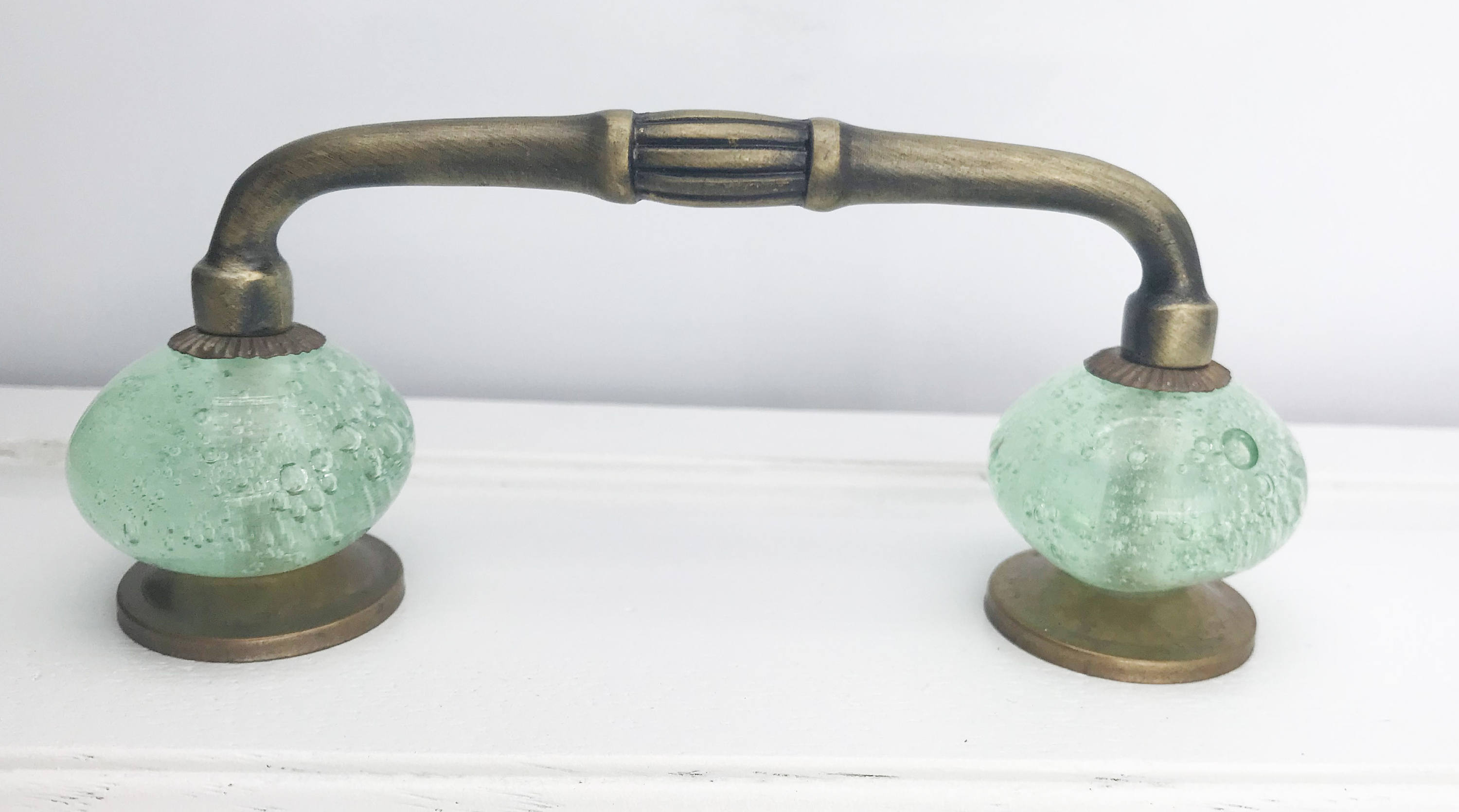 Green Bubble Glass Knobs on Dark Brass Antique Handle, 4 Spread