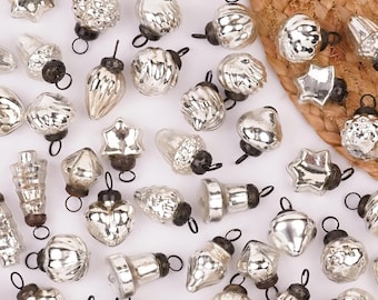 25 Chrome Silver Glass Vintage Christmas Ornaments, Mini Holiday Decorations