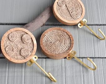 3 Piece Wood Boho Wall Hooks for Hanging Coats, Bags, Backpack Decorative Key Holder Unique Coat Rack Wall Mounted Brown Resin Key Hooks