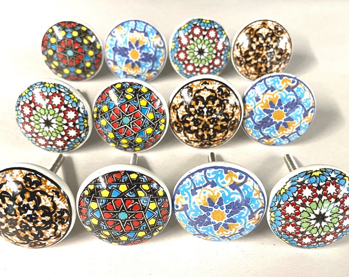 Multi-Colored Variety Floral Design Dresser Knobs Cabinet Pulls - Pack of 12 Included