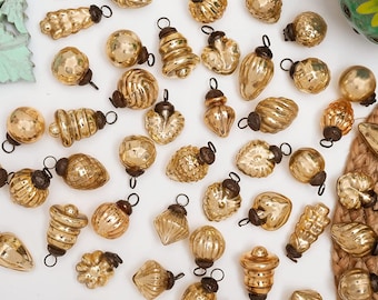 25 Shiny Gold Glass Vintage Christmas Ornaments, Mini Holiday Decorations