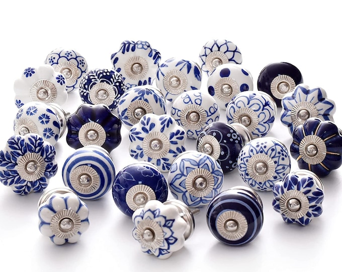 Assorted Floral Decorative Ceramic Round Cabinet Knobs, Drawer Knobs, Door Knobs - Pack of 12 (Blue)
