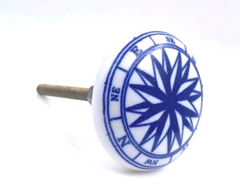 Ocean Nautical Compass, Navy Blue Ceramic Knob Pull for Cabinets, Drawers or Doors - Pack of 10