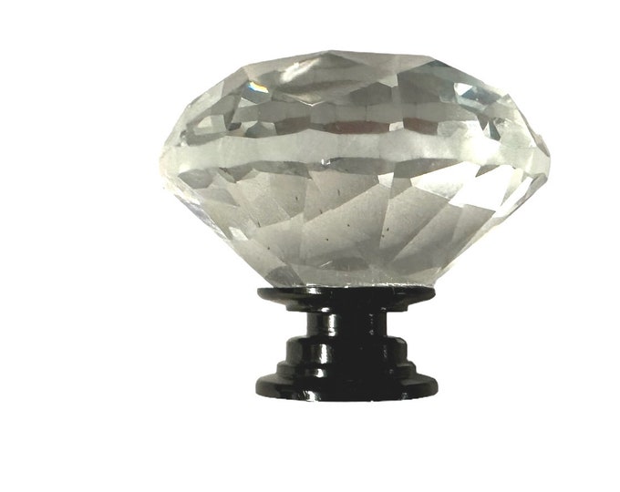 Clear Faceted Crystal Glass Diamond Cut 1.5", BLACK Metal Base Drawer, Door, Cabinet or Dresser Knob Pull