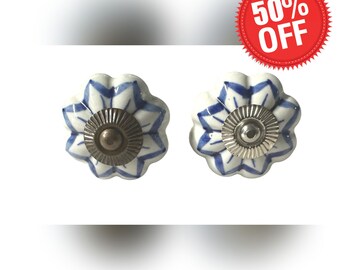 Blue & White Ceramic Round Decorative Knobs for Dressers, Cabinets, Kitchens, Furniture - Bronze OR Chrome