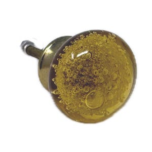 May include: A decorative cabinet knob with a clear, amber-colored glass dome filled with tiny bubbles. The knob has a brass base and a silver screw. The glass dome is approximately 1.5 inches in diameter.