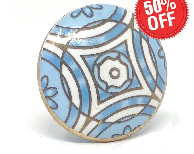 Blue Ceramic Abstract Round Knob for Dressers, Cabinets, Kitchens, Furniture