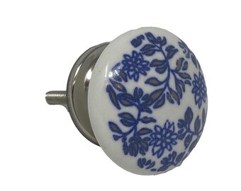 Vintage Round Flat Blue & White Floral Design Dresser Knob, Cabinet Pull, Door Knob, Furniture Knob - Pack of 12