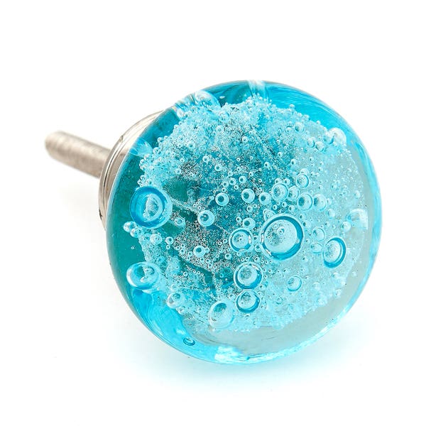 Aqua Blue Bubbles Glass Decorative Dresser Drawer, Cabinet or Door Knob Pull