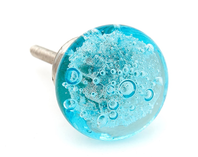 Aqua Blue Bubbles Glass Decorative Dresser Drawer, Cabinet or Door Knob Pull