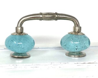 Aqua Blue Bubble Glass Knobs on Brushed Nickel Handle, 2 7/8", 4" or 6" Spread