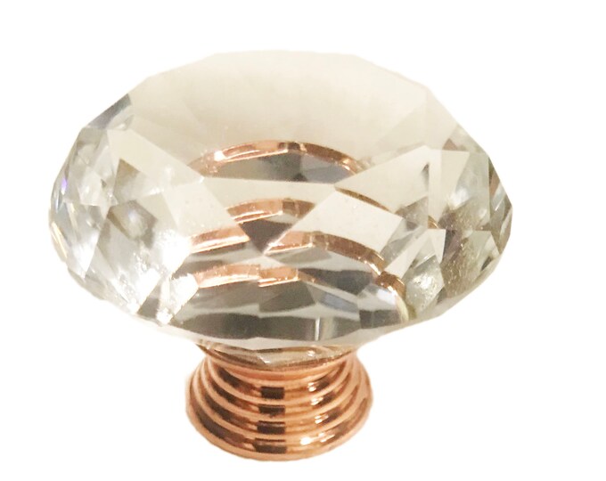 Clear Faceted Crystal Glass Diamond Cut 1.5", COPPER BASE Drawer, Door, Cabinet or Dresser Knob Pulls - Pack of 10