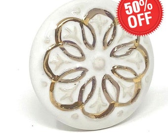 Gold Design Ceramic Round Flat White Knob for Dressers, Cabinets, Kitchens, Furniture