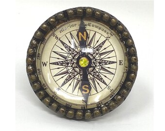 Vintage Compass inside Round Iron Knob for Drawers, Doors, Cabinets or Dresser Knob Pull, Bronze Iron Base