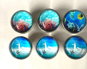 6 Ocean Themed Sailboat Glass Knobs for Drawers, Doors, Cabinets