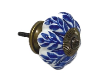 Blue & White Melon Ceramic Decorative Dresser Drawer, Kitchen Cabinet or Door Knob Pull - Pack of 1