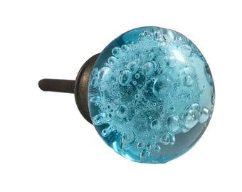 Aqua Blue Bubbles Glass Decorative Dresser Drawer, Kitchen Cabinet or Door Knob Pull - Pack of 1