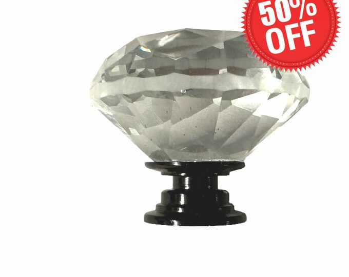 Clear Faceted Crystal Glass Diamond Cut 1.5", BLACK Metal Base Drawer, Door, Cabinet or Dresser Knob Pull