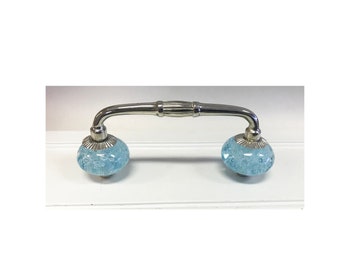 Aqua Blue Bubble Glass Knobs on Brushed Nickel Handle, 2 7/8" OR 4" Spread