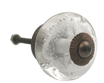 Clear Glass Bubbles Dresser Knob, Cabinet or Drawer Knob. Bolt is removable. Bronze Hardware.